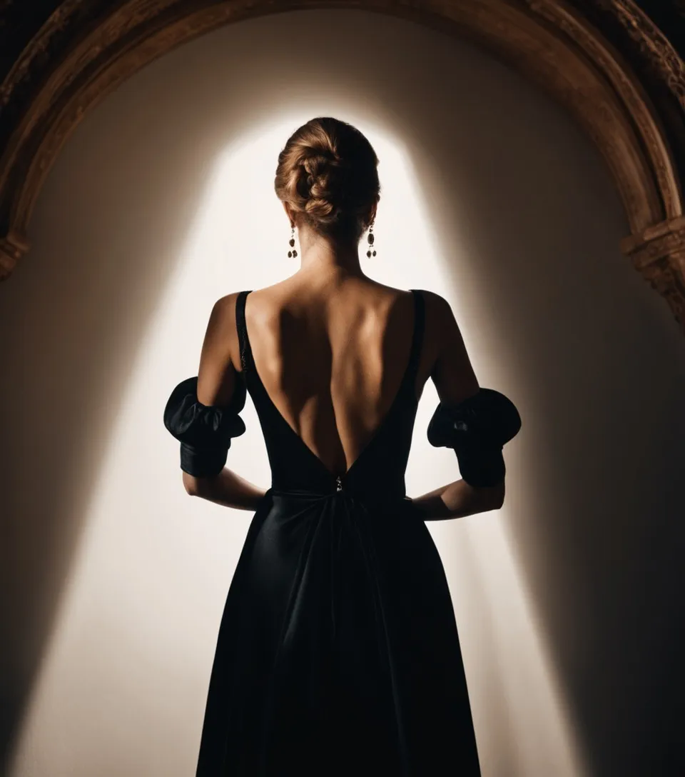 High-fashion high-angle photo from above shot from behind of a woman, Rembrandt Lighting
