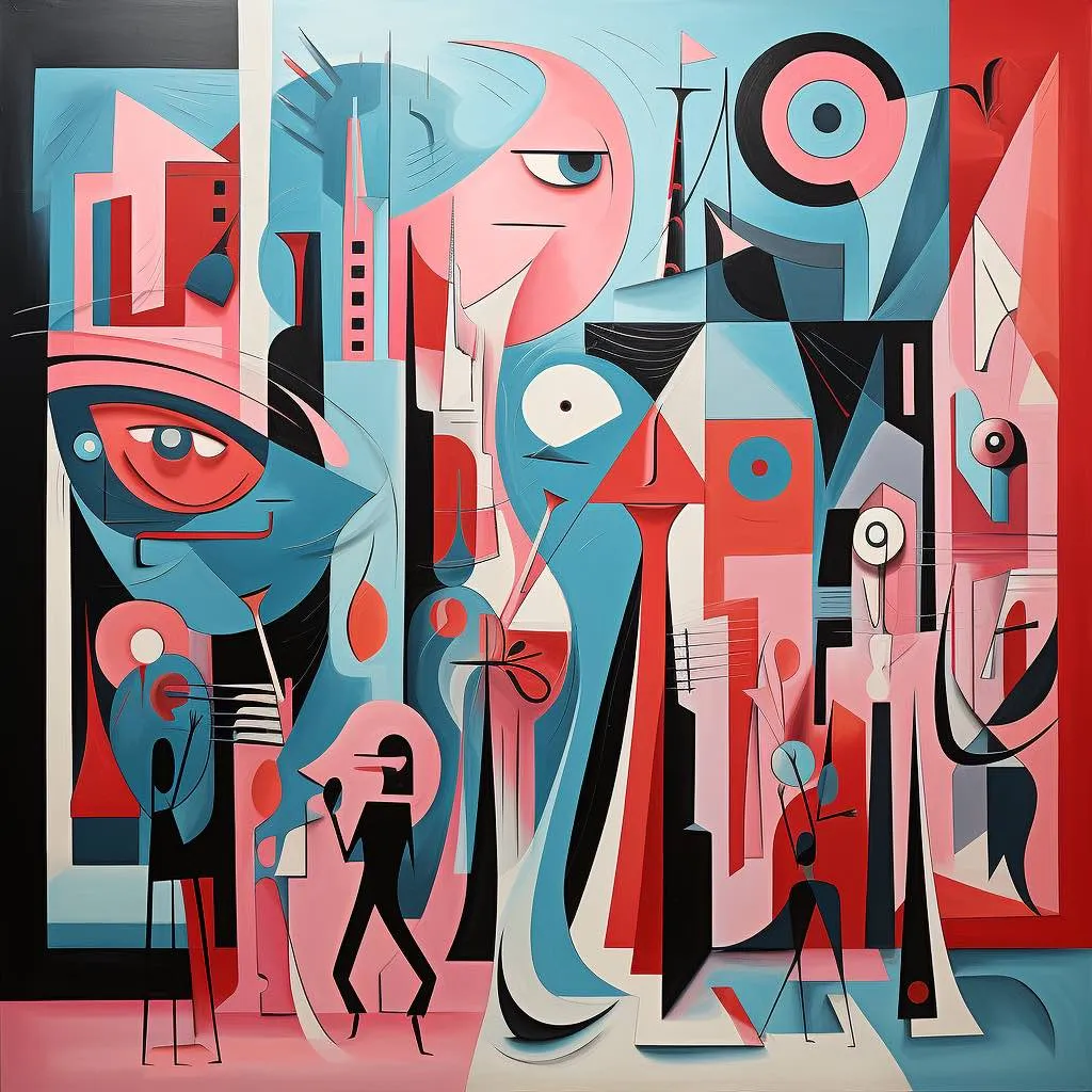 A cubist painting of angular figures, eyes and city shapes in pink, blue, red and black