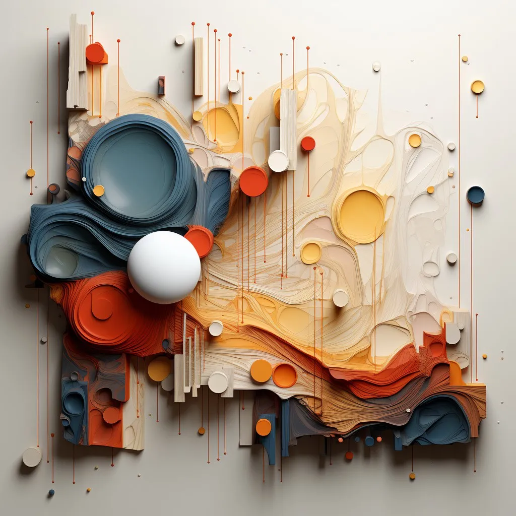 An abstract layered sculpture of flowing blue, orange and cream forms with discs suspended on thin lines