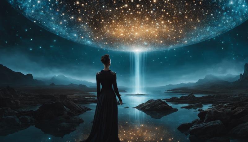 High-fashion high-angle photo from above shot from behind of a woman, Rembrandt Lighting